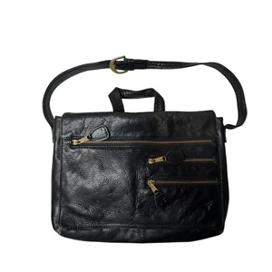 Cartera de cuero Frye para computadora portátil bolso mensajero multi bolsillo negro con solapa - Imagen 1 de 11