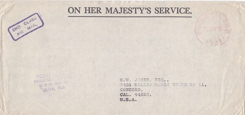1968 Fiji Cover 2nd Class Air Mail "On Her Majesty's Service" Official Paid Cover