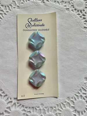 3 BLUE IRIDESCENT CARVED VINTAGE SQUARE GLASS BUTTONS  SCHWANDA W GERMAN 16mm - Image 1 of 3