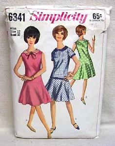 De colección 1965 Simplicity Miss talla 12 busto 32 patrón #6341 vestido corte completo - Imagen 1 de 2