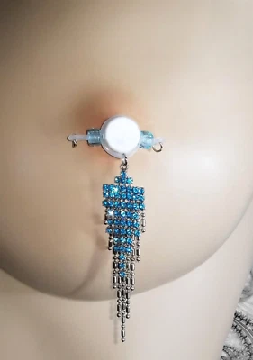 PAR de barras falsas - NO PIERCING joyas para pezones - azul estrás colgante - hecho a mano Foto 1 de 4
