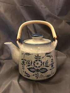 Vint. Japanese Porcelain Teapot, Blue/Gray Specked Motif, Rattan Handle Display - Picture 1 of 5
