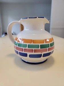 Vintage Pier 1 Hand Painted Ceramic Pitcher Made In Italy Round White Blue - Picture 1 of 9