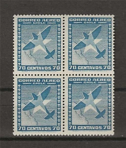 Chile 1948 Sc# C97 Luftpostflugzeug und Stern von Chile Flugzeug 70c Block 4 postfrisch - Bild 1 von 1