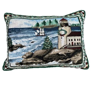 VTG Maine Rocky Coast Tapestry Decorative Throw Pillow Lighthouse Trees 12"x17" - Picture 1 of 6