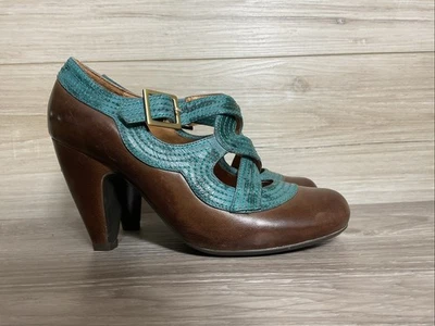 Miz Mooz Women’s 6 Soho Leather Mary Jane Pin Up Buckle Heels Pumps Brown Teal - Image 1 of 4