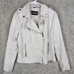 Guess Damen Elfenbein Kunstleder Langarm Full-Zip Biker Jacke Größe Large - Bild 1 von 12