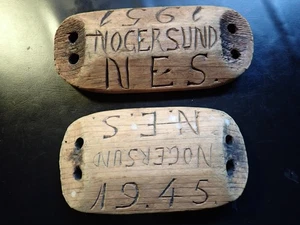 Lot of 2 VINTAGE 1945 & 1951 WOOD FISHING NET FLOATS NOGERSUND SWEDEN SWEDISH - Picture 1 of 7