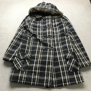 Volcom Quilted Lined Plaid Pea Coat Jacket Hoodie Womens XL Logo Green Purple - Picture 1 of 12