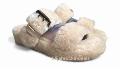 NEW WOMENS UGG FUZZ YEAH NATURAL WHITE SHEARLING SHEEPSKIN SANDALS SIZE 7 - Image 1 of 4