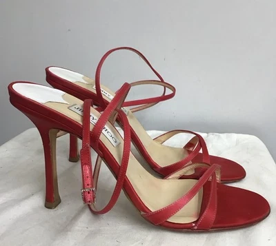 Jimmy Choo Teñido Rojo Seda Punta Abierta Doble Envoltura Correa de Tobillo 5” Stiletto Talla 40 Foto 1 de 4