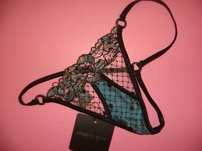 NWT PLEASURE STATE couture S thong Black Teal blue floral embroidered fishnet - Image 1 of 4