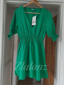 Zara SS22 Linen Blend Short Dress XS S M L XL Green Smocked Cotton BNWT