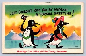 K10/ Obion Tennessee Postcard Linen Obion County Penguins Greetings 296 - Picture 1 of 4