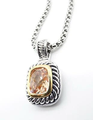 18kt Gold Plated Champagne Brown Topaz Crystal Pendant Cable Box Chain Necklace - Image 1 of 4