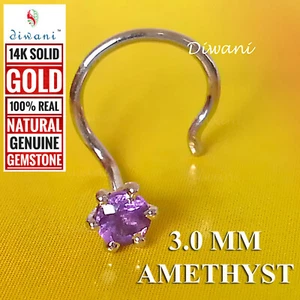 3.0mm Natural Amethyst 14k Gold Engagement Wedding Nose Piercing Stud Pin Ring - Picture 1 of 12