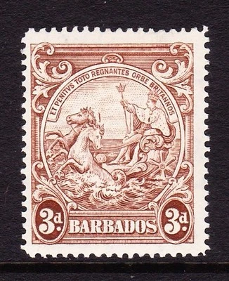 BARBADOS 1938-47 3d MARRÓN CON LÍNEA VERTICAL SOBRE CABEZA DE CABALLO SG 252ba COMO NUEVO. Foto 1 de 2