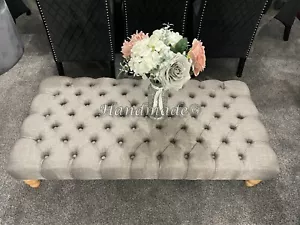 Extra Large Chesterfield Footstool / Coffee Table Puffy In Linen Fabric - Picture 1 of 12