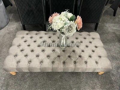 Extra Large Chesterfield Footstool / Coffee Table Puffy In Linen Fabric  - Image 1 of 4