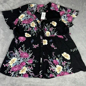 Torrid Top Womens 1X Babydoll Rayon Twill Button Front Black Pink Floral New $42 - Picture 1 of 14