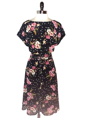 ESHAKTI Plus Size 22W A-Line Dress Black Pink Floral Cap Sleeve Midi Pockets - Image 1 of 4