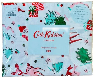 Cath Kidston London Ditsy Deer King Sheet Set Cotton Christmas Holiday NEW - Image 1 of 2