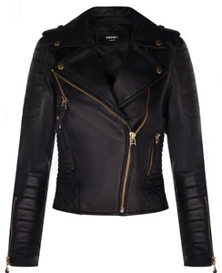 Damen Leder Biker Jacke gesteppt matt schwarz gold Reißverschluss echtes Nappa Goth Jacket - Bild 1 von 4