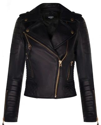 Ladies Leather Biker Jacket Quilted Matte Black Gold Zip Real Nappa Goth Jacket  - Image 1 of 4
