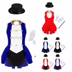 Kinder Mädchen Zirkus Ringmaster Kostüm Turnanzug Kleid mit Hut Zauberstab Handschuhe - Bild 1 von 47
