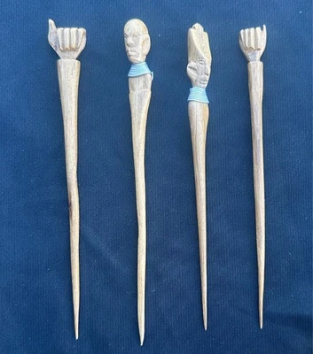 Vintage Lot x4 Hand Carved African Wooden Hair Pins-Sticks, Hand-Face-Head - Image 1 of 2
