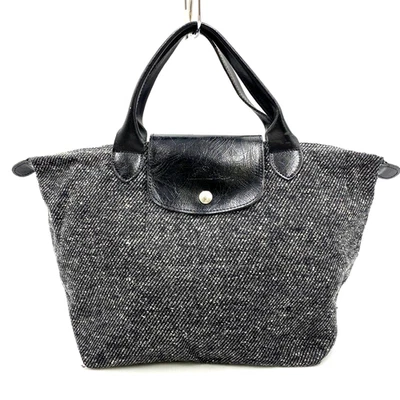 Auténtico Bolso de Mano Longchamp Le Pliage Tweed Gris Negro Cuero Borde Mediano Foto 1 de 4