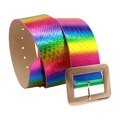 Mujeres Colores Arco Iris Cinturón Ancho Cadera Cintura Alta Dorado Metal Hebilla Cuadrada Ajuste S M Foto 1 de 4
