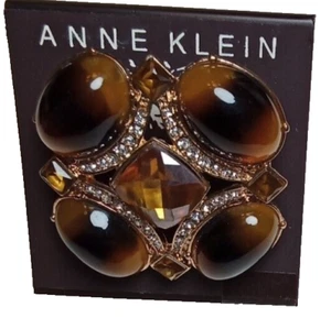 Anne Klein Tiger Eye Brown Tortoise Gold Tone Crystal Brooch Pin Nickle Safe NWT - Picture 1 of 8