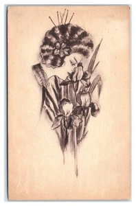 Profil der schönen Geisha und Lilien Künstler signiert Cobb Shinn 1908 Postkarte - Bild 1 von 2