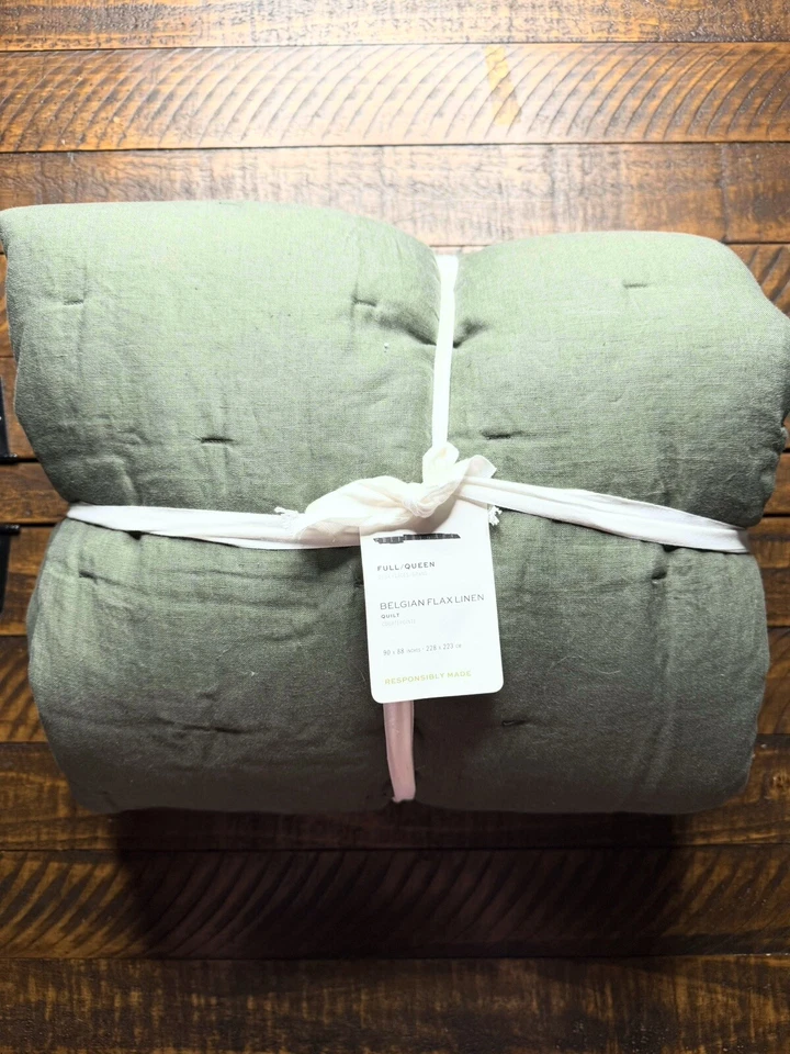 Edredón acolchado de lino belga Pottery Barn completo/reina - verde ciprés nuevo Foto 1 de 1