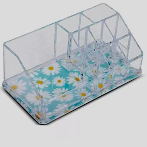 Makeup Organizer Cosmetic Beauty 9 Slots Clear Acrylic Daisy Print - Picture 1 of 5