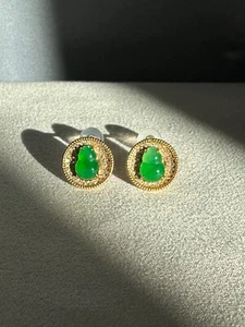 18K Gold Grade A Jadeite Jade Earrings gourd round Stud Earrings Diamond Earring - Picture 1 of 16