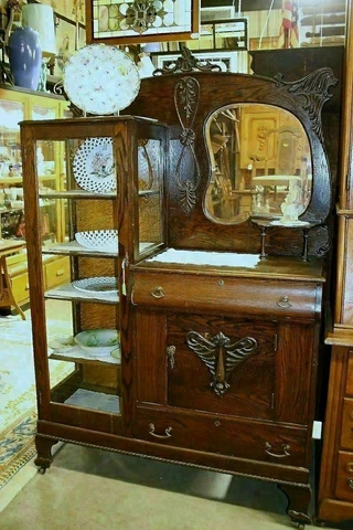 Lion Head Clawfoot Beveled Mirror Glass Display China Buffet 1/4Sawn Oak Antique Cover