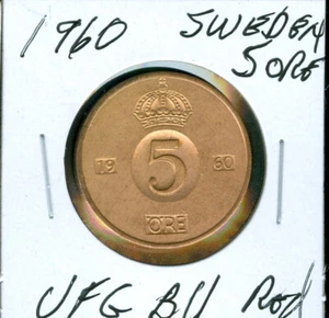 1960 SWEDEN 5 ORE ULTRA FINEST GRADE BU RED  * - Picture 1 of 2