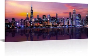 Large Chicago Canvas Modern City Skyline Wall Art Downtown Night Picture Prints - Picture 1 of 6