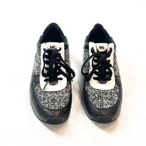 Michael Kors Allie Trainer Sneakers Lace Up Tweed Black White Leather 9.5 M - Picture 1 of 9