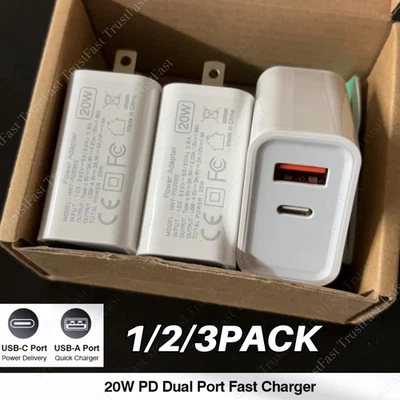 20W Dual Port USB C Plug Fast Charger Block+USB A Brick for iPhone 17 16 12 Lot - Image 1 of 4