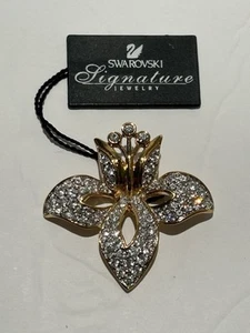 Swarovski Swan Signed Gold Tone Clear Crystals Orchid Flower Brooch - Picture 1 of 4
