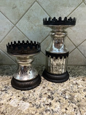 POTTERY BARN подсвечник пара из 2 ртутных стеклянных металлических замковых серебряных столбов - Изображение 1 из 4