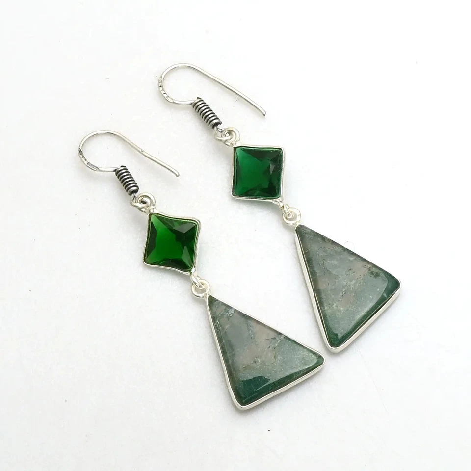 Moss Agate Green Quartz Gemstone Drop Dangle Earrings Jewelry 1.72" AE-90166 - Image 1 of 1