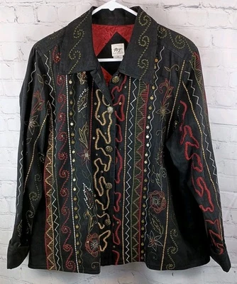 Chaqueta con botones bordada floral negra Norm Thompson con bolsillos, talla XL Foto 1 de 4