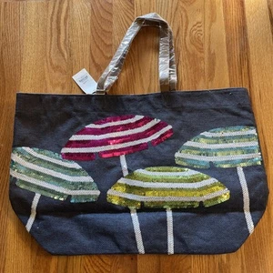 Beach Bag with Sequin Beach Umbrella Design Navy Jute Mud Pie New - Picture 1 of 8