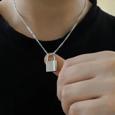 Collana Acciaio inox LUCCHETTO 23x15mm Argento catena con Ciondolo da Uomo Donna - Immagine 1 di 4