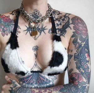 Cow Pattern Bikini Bra Sexy Fur Rave Bra Animal Print Tie Up Swimwear Crop Top - Bild 1 von 13