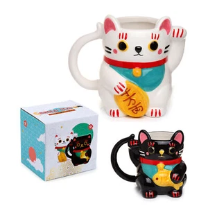 Taza en forma de gato de la suerte Maneki Neko coleccionable novedad taza regalo negro blanco - Imagen 1 de 16